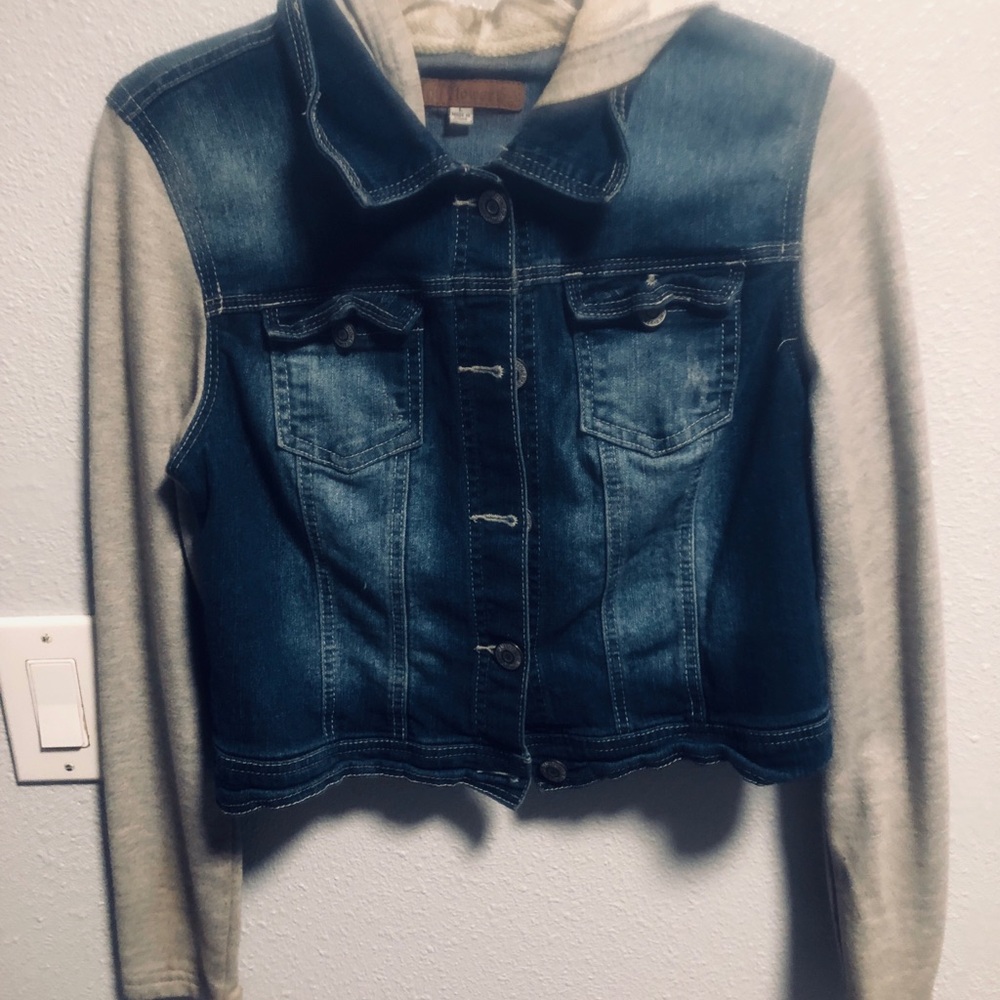 Wallflower Blue Denim Jacket with Cream Hooded Knit Sleeves